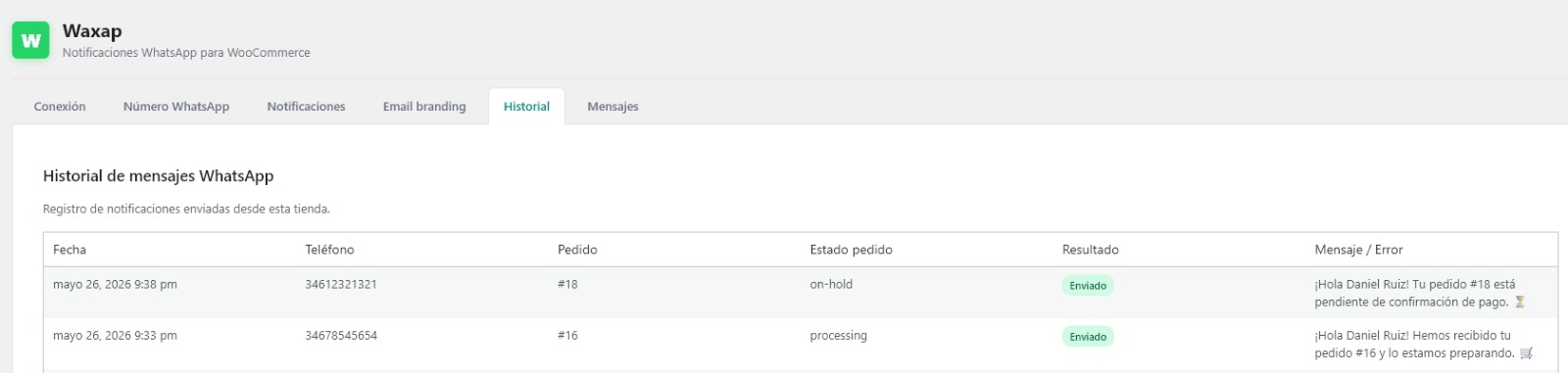 Historial de todo lo enviado
